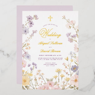 Pastel Floral Frame Religious Wedding Foil Invitation