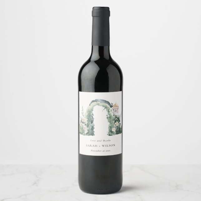 Pastel Floral Garden Arch Botanical Wedding Thanks Wine Label (Front)