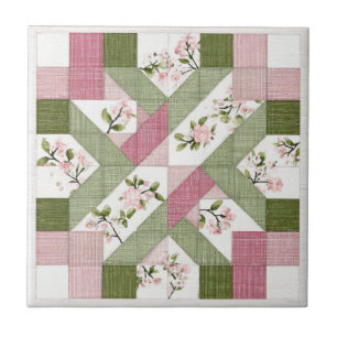 Pastel Floral Geometric Cottagecore Quilt Pattern Ceramic Tile