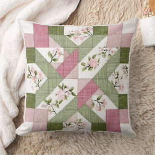Pastel Floral Geometric Cottagecore Quilt Pattern Throw Pillow