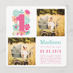 Pastel Floral Girls 1st Birthday Photo Cards