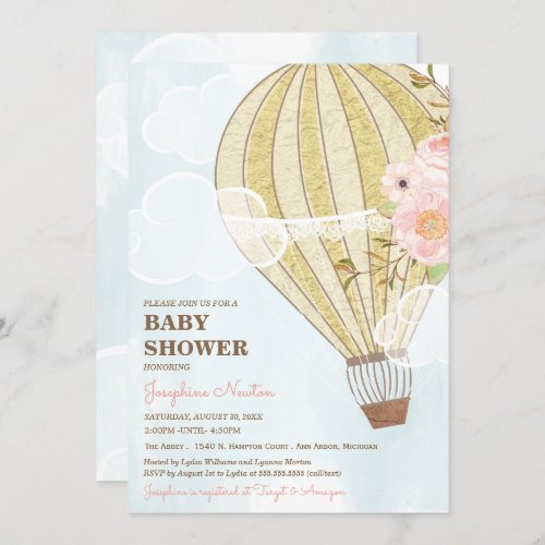 Pastel Floral  Gold Hot Air Balloon Baby Shower Invitation