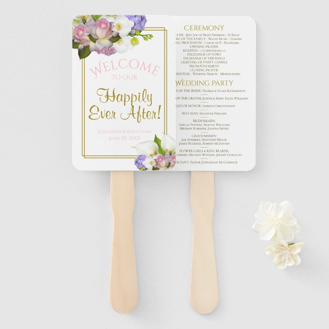 Pastel Floral Happily Ever After Wedding Program Hand Fan (Front and Back)