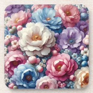 Pastel Floral Hard Plastic Cork Back Coaster Set