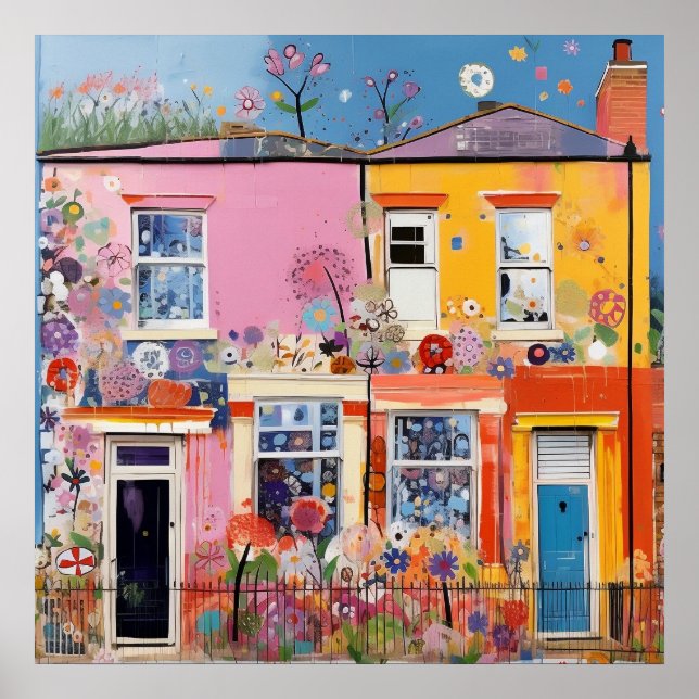 Pastel Floral Houses Poster (Front)