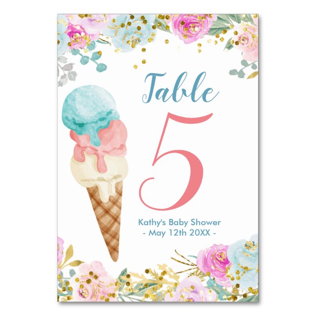 Pastel Floral Ice Cream Modern Table Number (Front)
