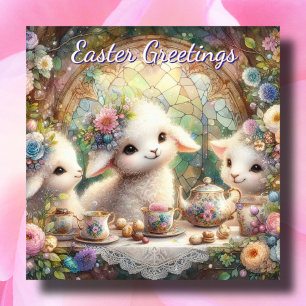Pastel Floral Lamb Tea Party Cute Kids Easter Holiday Card