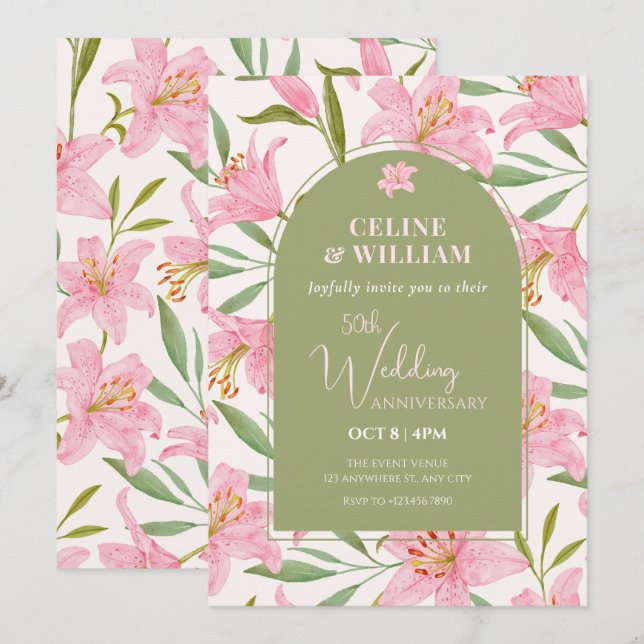 Pastel floral lily pink green wedding anniversary invitation (Front/Back)