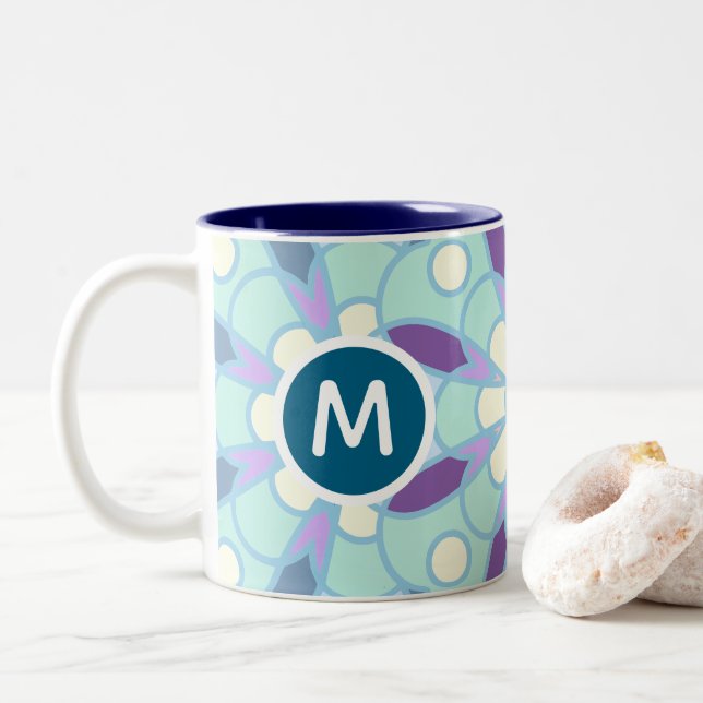 Pastel Floral Mandala Monogram Letter Design Two-Tone Coffee Mug (With Donut)