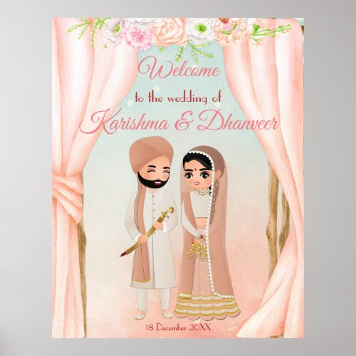 Pastel floral mandap with Indian couple welcome Fo Poster