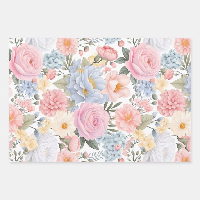 Pastel Floral Medley Flowers Pattern Wrapping Paper Sheets (Front)