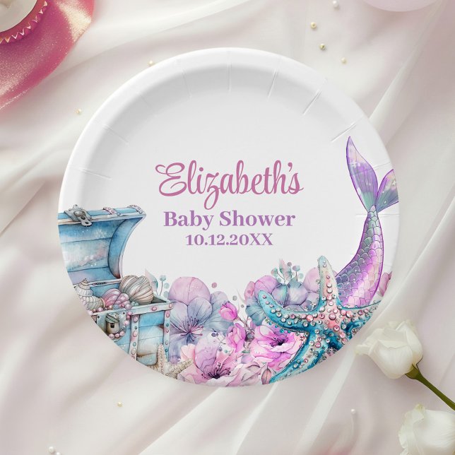 Pastel Floral Mermaid Tail Baby Shower  Paper Plates (Pastel Floral Mermaid Tail Baby Shower Paper Plates on a party table with a white rose.)
