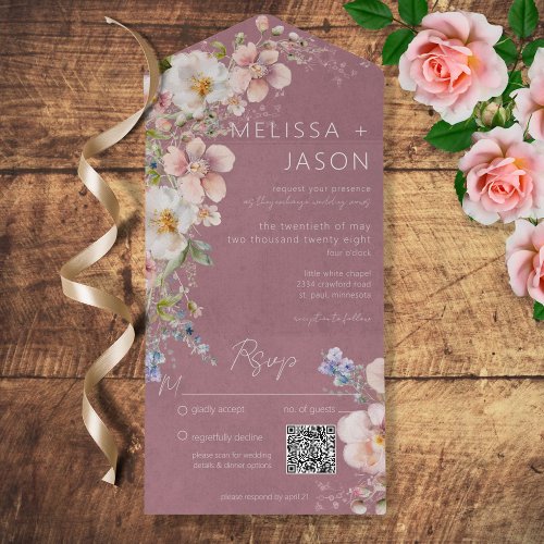 Pastel Floral Modern Dusty Pink QR Code All In One Invitation