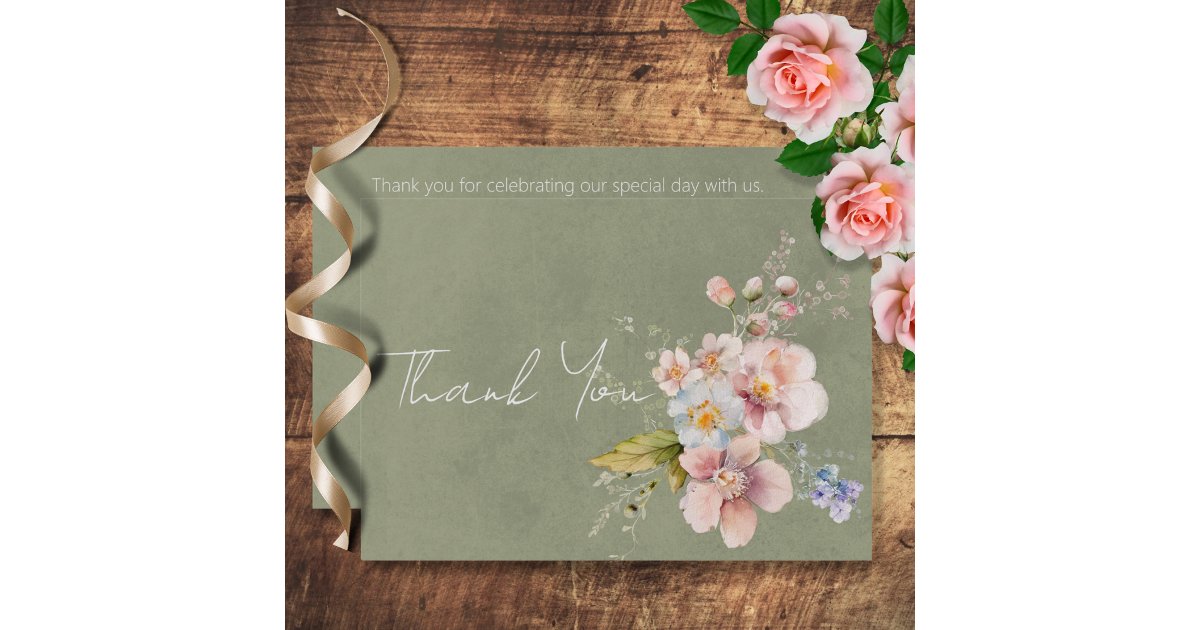 Pastel Floral Modern Green Wedding Thank You Card | Zazzle