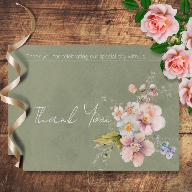 Pastel Floral Modern Green Wedding Thank You Card (Creator Uploaded)
