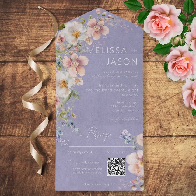 Pastel Floral Modern Lavender Purple QR Code All In One Invitation (Creator Uploaded)