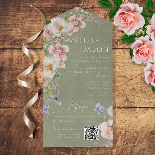 Pastel Floral Modern Sage Green QR Code All In One Invitation