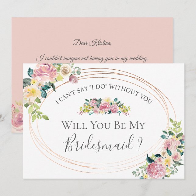 Pastel Floral Oval Frame Will You Be My Bridesmaid Invitation (Front/Back)