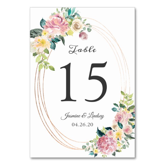 Pastel Floral Oval Wedding Table Number (Front)
