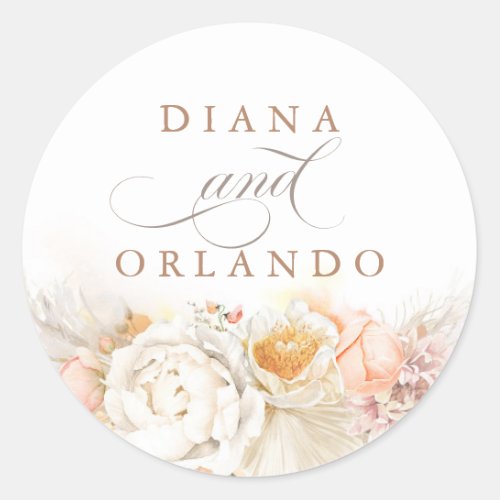 Pastel Floral Pampas Grass Wedding Classic Round Sticker