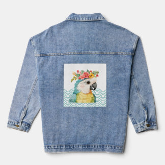 Pastel Floral Parrot Wave Pattern Illustration Denim Jacket