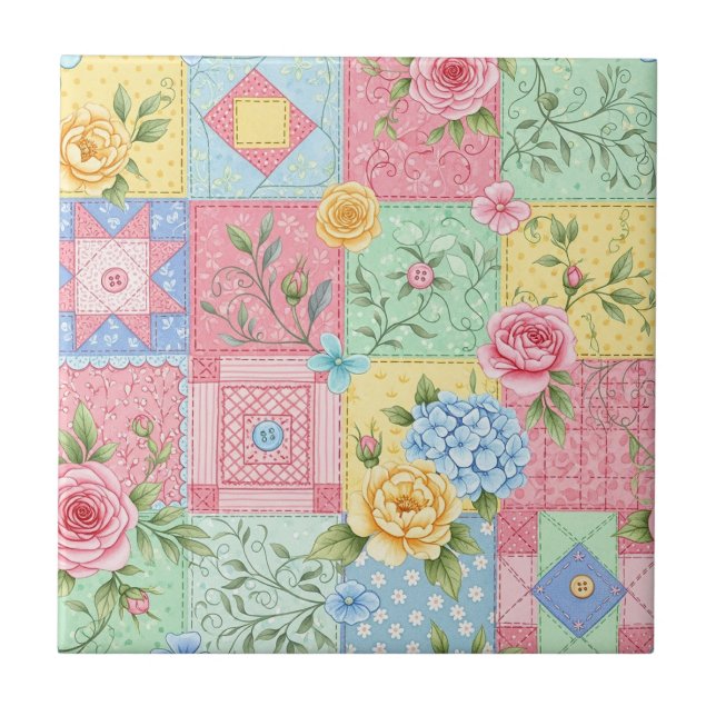 Pastel Floral Patchwork Picnic Pattern (10) Ceramic Tile (Front)