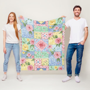 Pastel Floral Patchwork Picnic Pattern (10) Fleece Blanket