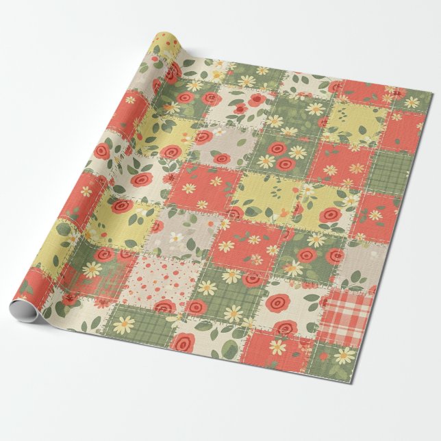 Pastel Floral Patchwork Picnic Pattern (11) Wrapping Paper (Unrolled)