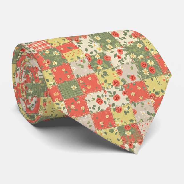 Pastel Floral Patchwork Picnic Pattern (12) Neck Tie (Rolled)