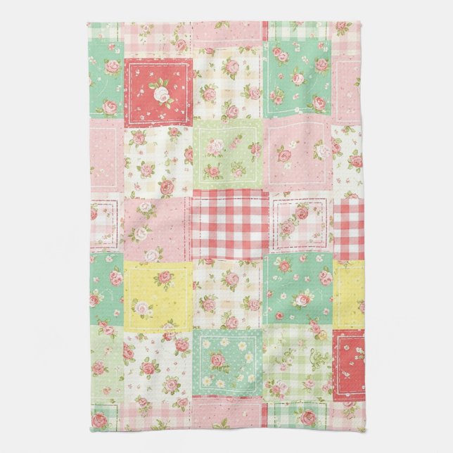 Pastel Floral Patchwork Picnic Pattern (5) Kitchen Towel (Vertical)