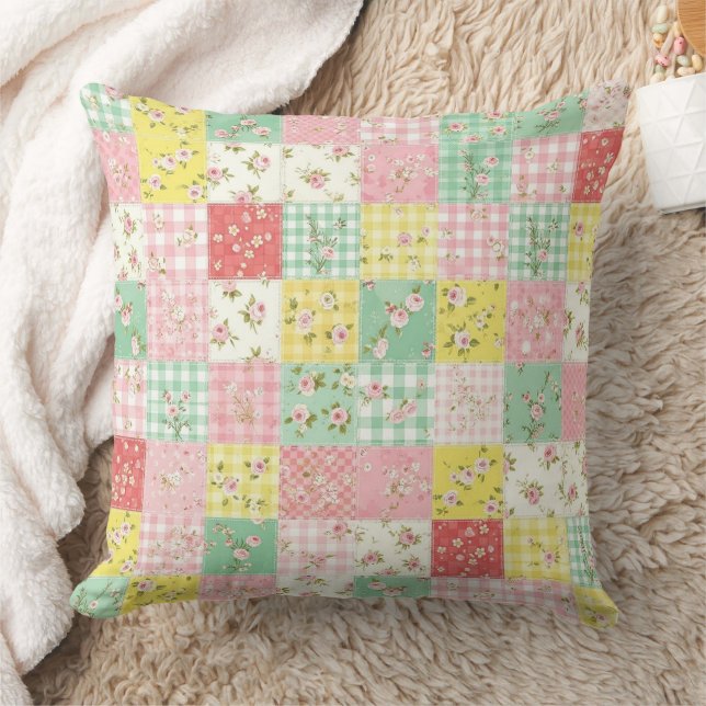 Pastel Floral Patchwork Picnic Pattern (6) Throw Pillow (Blanket)