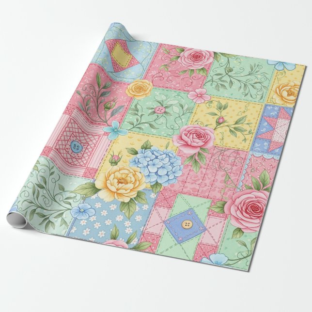 Pastel Floral Patchwork Picnic Pattern (9) Wrapping Paper (Unrolled)