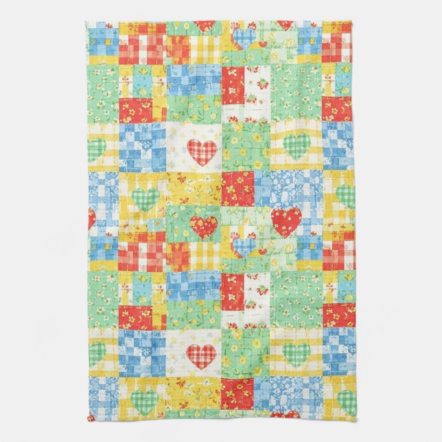 Pastel Floral Patchwork Picnic Pattern Kitchen Towel (Vertical)