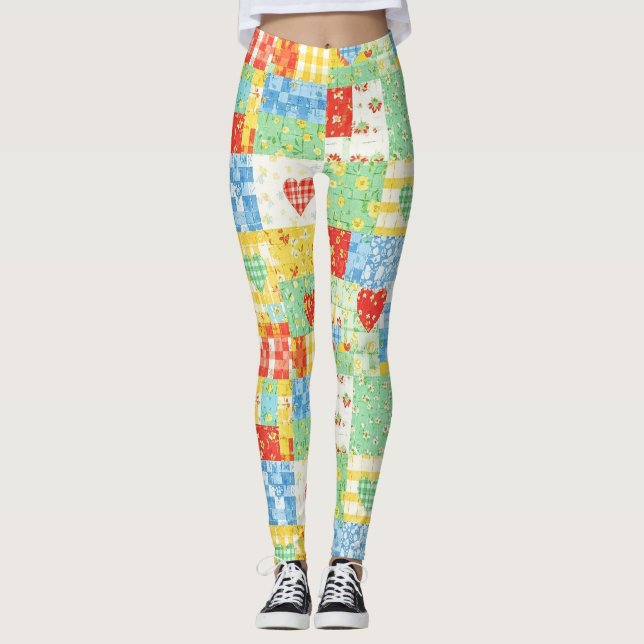 Pastel Floral Patchwork Picnic Pattern Leggings (Front)