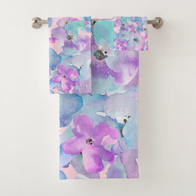 *~* Pastel Floral Pattern Blue Pink FLowers  Bath Towel Set (Insitu)