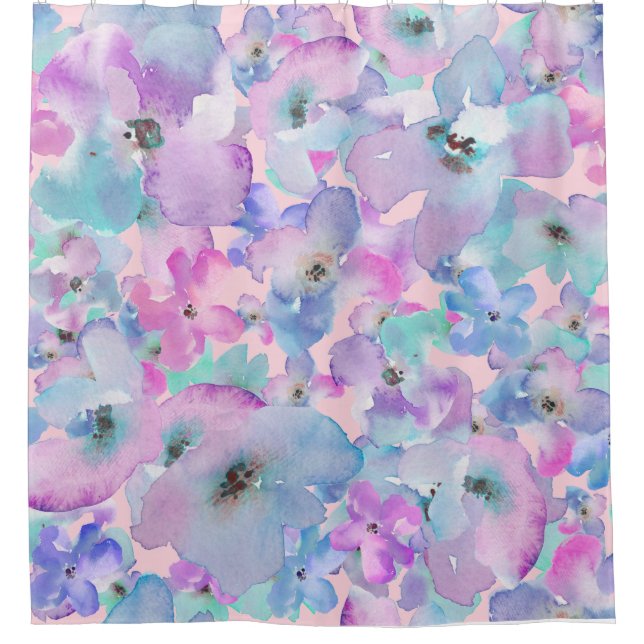 *~* Pastel Floral Pattern Blue Pink FLowers Shower Curtain (Front)