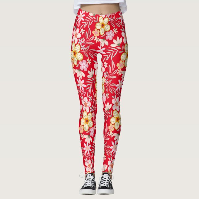 Pastel Floral pattern C03.bw Red BG Leggings (Front)