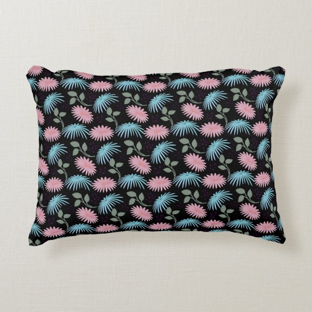 Pastel Floral Pattern on Black Background | Cute D Accent Pillow (Front)