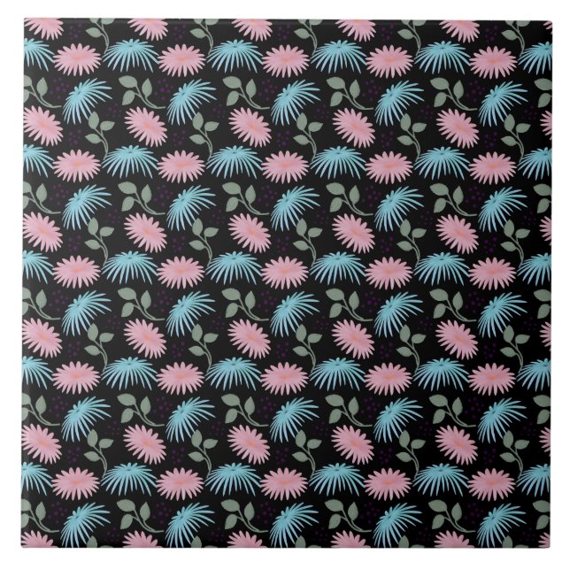 Pastel Floral Pattern on Black Background | Cute D Ceramic Tile (Front)