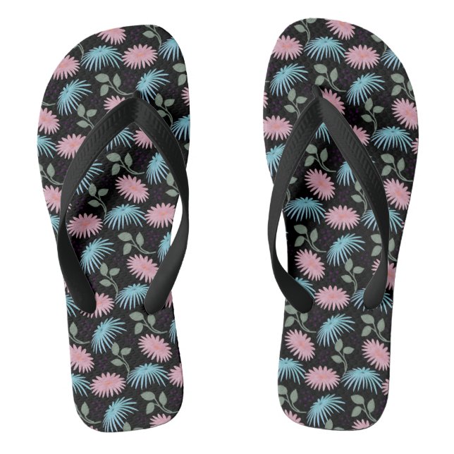 Pastel Floral Pattern on Black Background | Cute D Flip Flops (Footbed)