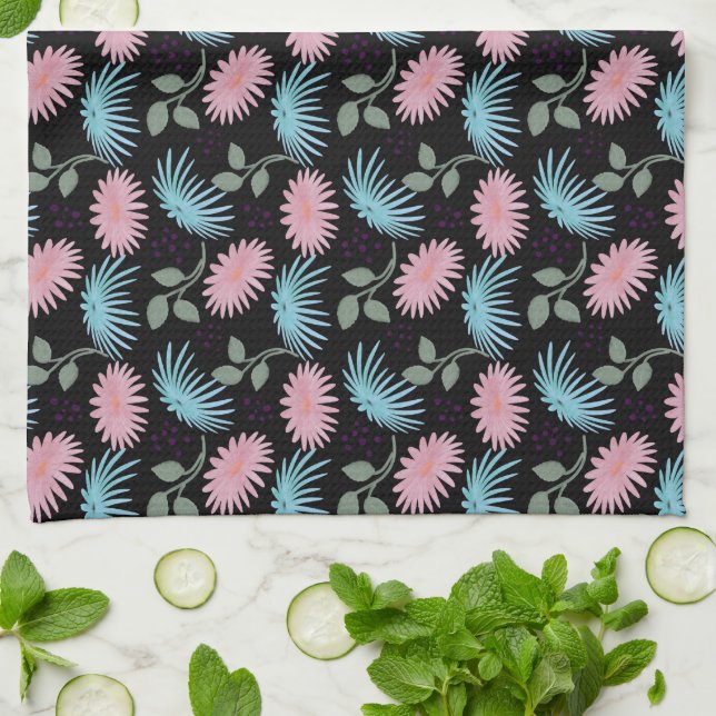 Pastel Floral Pattern on Black Background | Cute D Kitchen Towel (Folded)