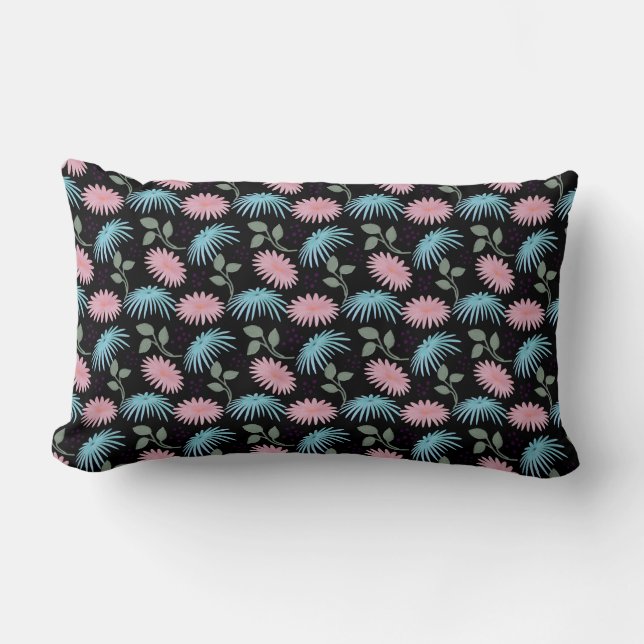 Pastel Floral Pattern on Black Background | Cute D Lumbar Pillow (Front)