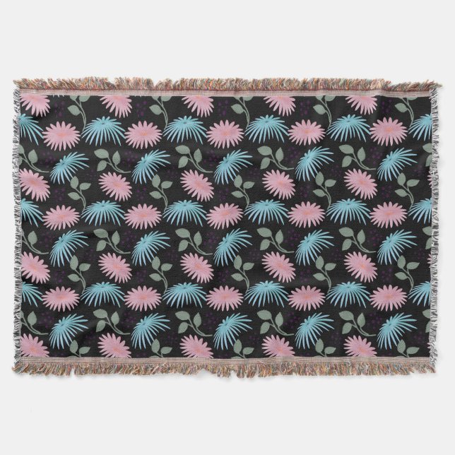 Pastel Floral Pattern on Black Background | Cute D Throw Blanket (Front)