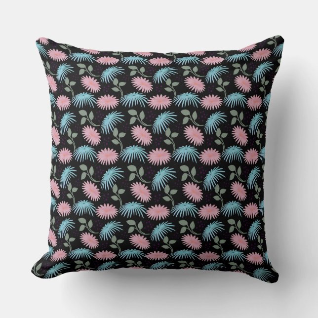 Pastel Floral Pattern on Black Background | Cute D Throw Pillow (Front)