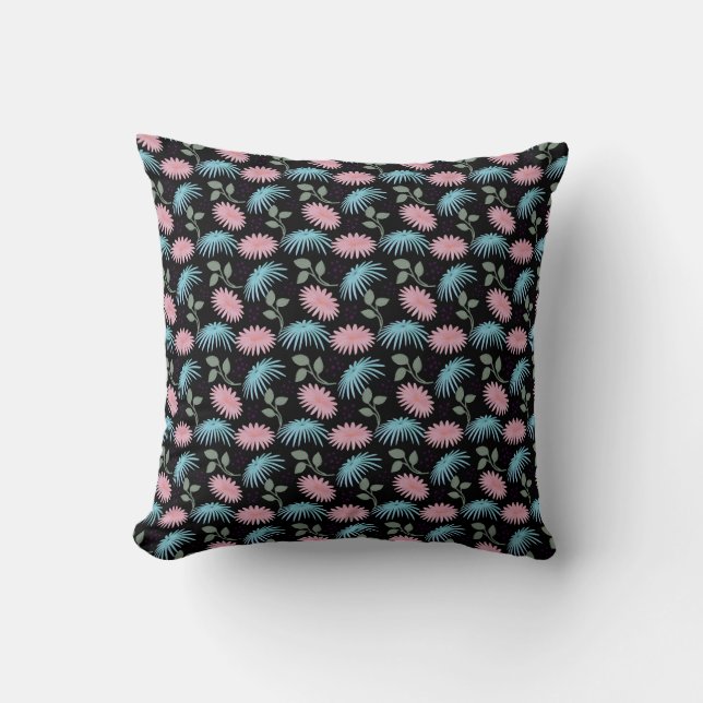 Pastel Floral Pattern on Black Background | Cute D Throw Pillow (Front)