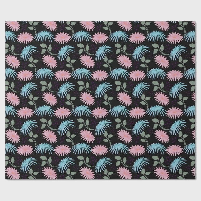 Pastel Floral Pattern on Black Background | Cute D Wrapping Paper (Flat)