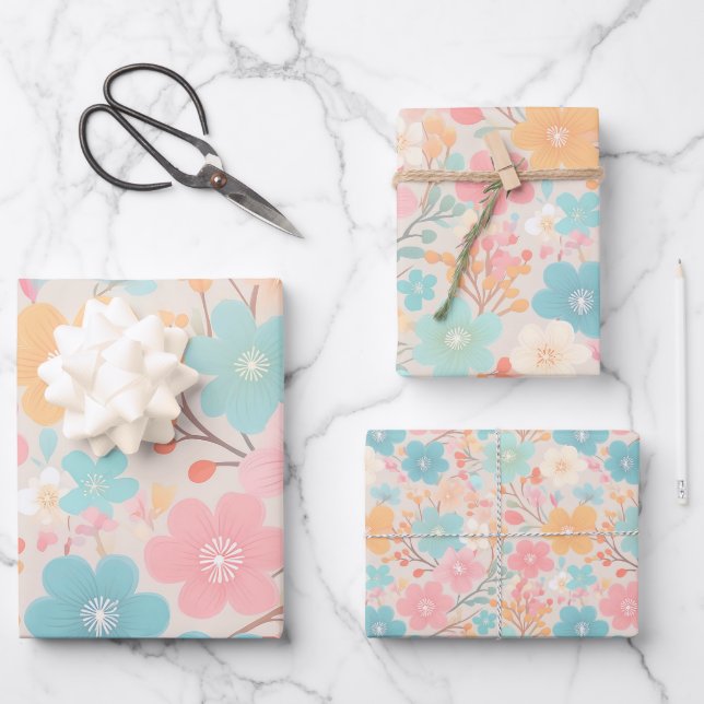 Pastel floral pattern wrapping paper sheets (Front)
