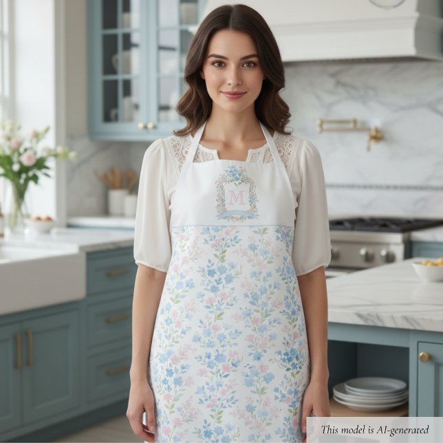 Pastel Floral Personalized Monogram Apron (elegant preppy grandmillennial pink blue floral pattern apron with family crest and custom initial )