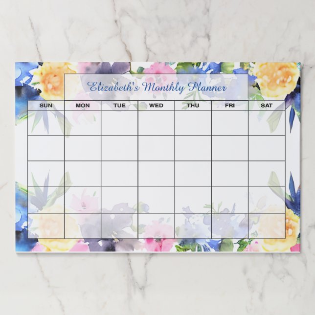 Pastel floral personalized month planner paper pad (Front)