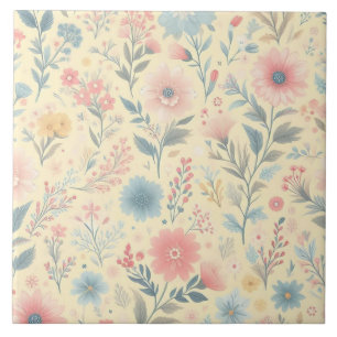 Pastel Floral Pink & Blue on Light Yellow Ceramic Tile